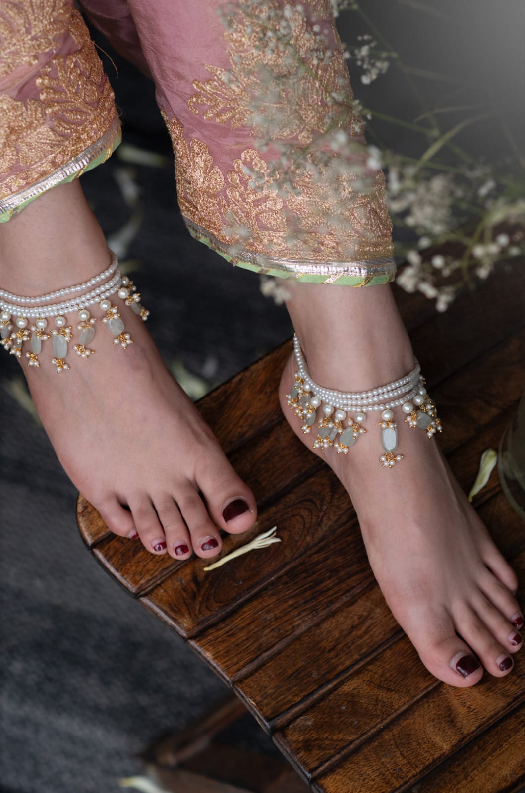 Multi-layered Pearl Anklet: Pastel Mint Stone Beaded Paya - Image 4