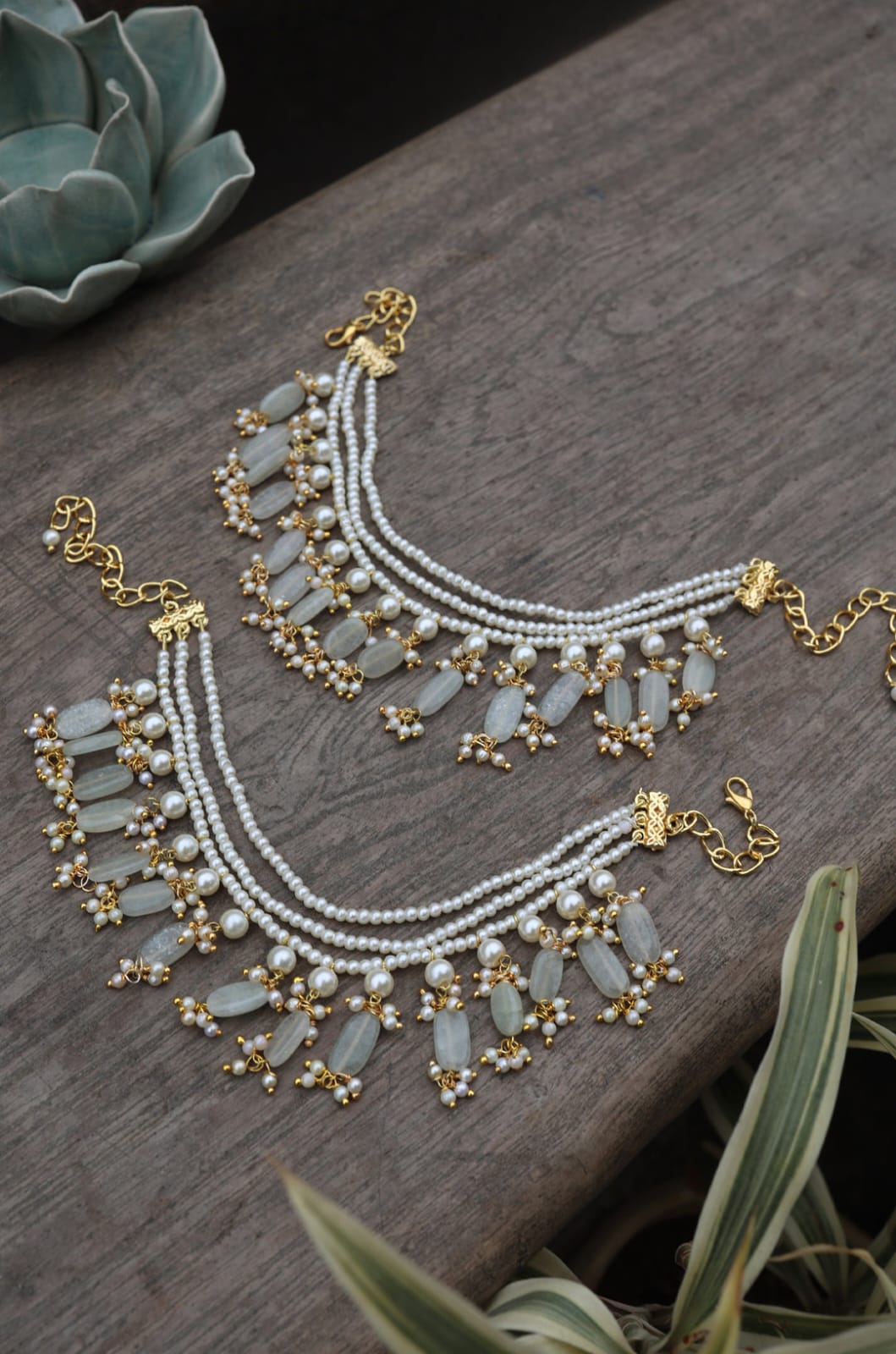 Multi-layered Pearl Anklet: Pastel Mint Stone Beaded Paya