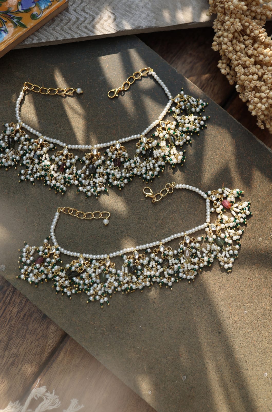 Gold Plated Kundan Polki & Pearl Anklets (Set of 2) - Image 2