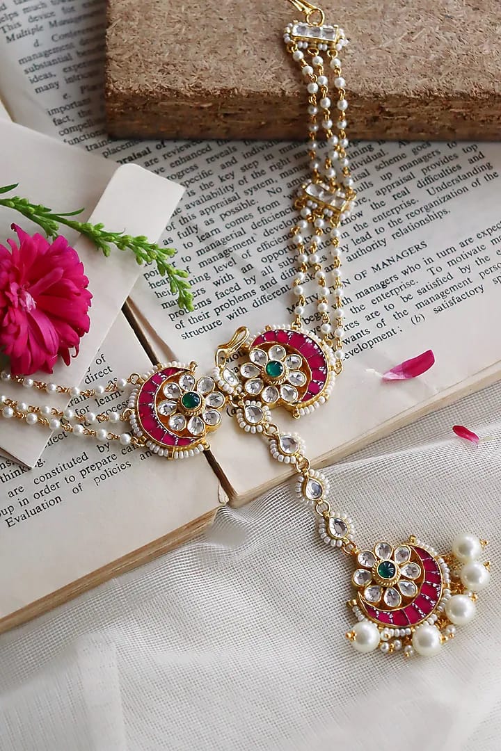 Pearl And Kundan Pink Bridal Sheesh Phool Teeka