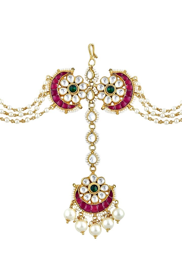 Pearl And Kundan Pink Bridal Sheesh Phool Teeka - Image 4