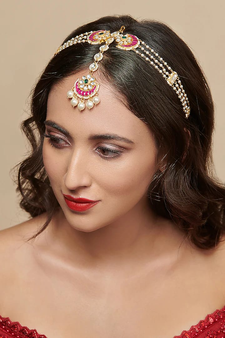 Pearl And Kundan Pink Bridal Sheesh Phool Teeka - Image 2