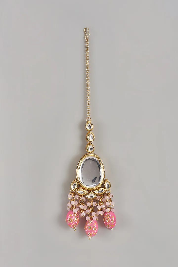 Gold Finish Kundan Polki & Pink Meenakari Drop Maangtikka