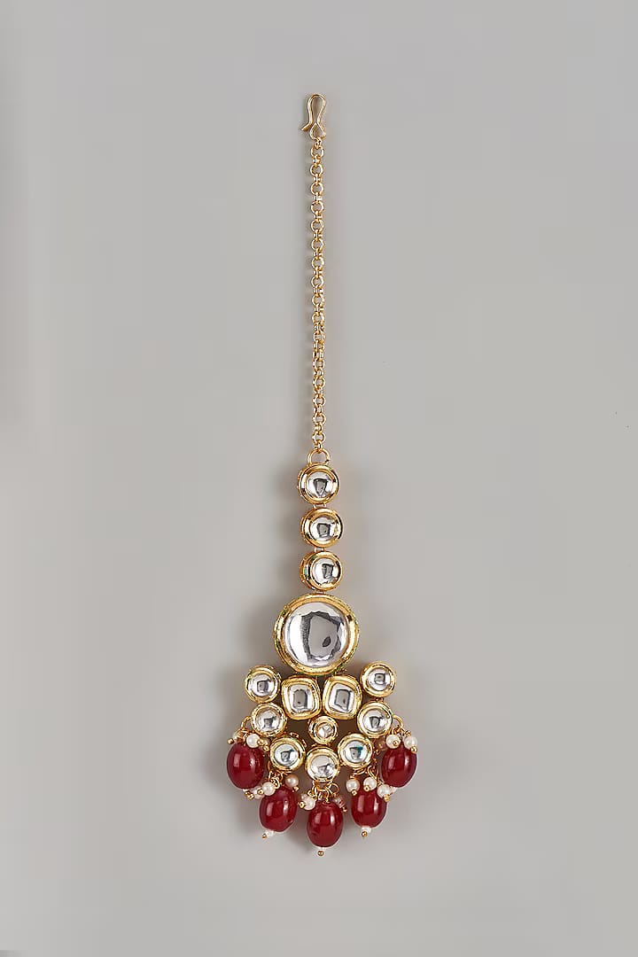 Gold Finish Kundan Polki & Red Beaded Maangtikka