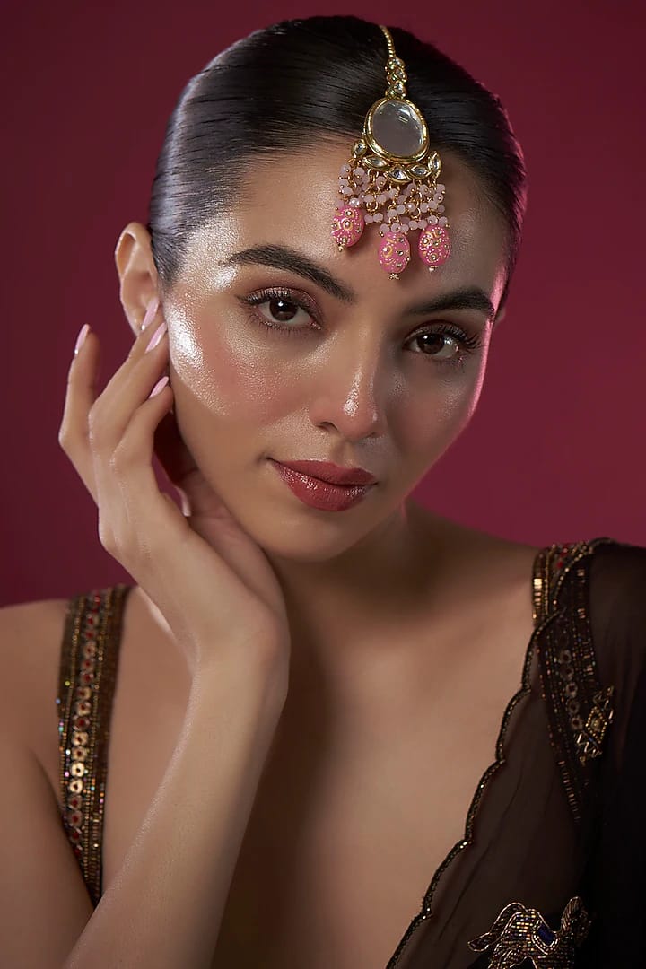 Gold Finish Kundan Polki & Pink Meenakari Drop Maangtikka - Image 2