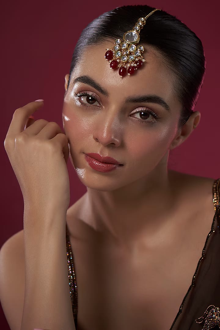 Gold Finish Kundan Polki & Red Beaded Maangtikka - Image 2