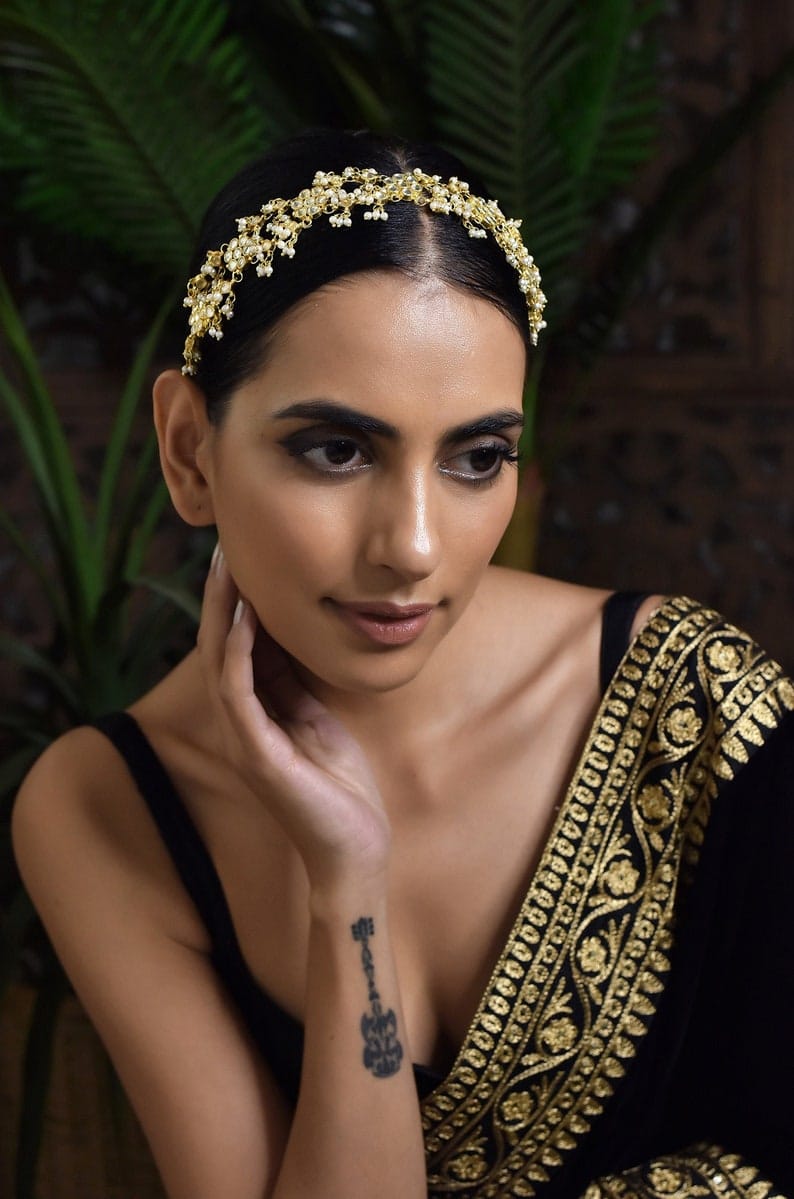 Gold Plated Kundan Headband with Shell Pearls: Indian Hair Accessory - Image 6