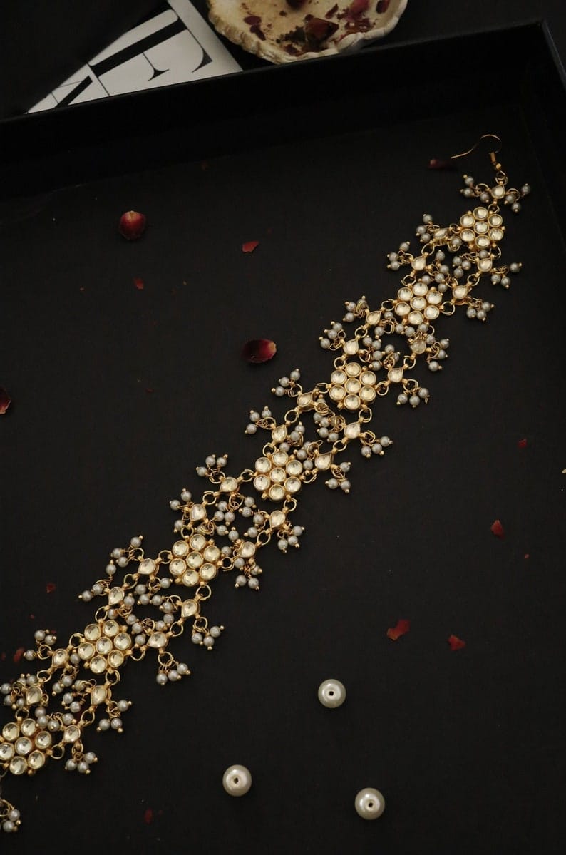 Gold Plated Kundan Headband with Shell Pearls: Indian Hair Accessory