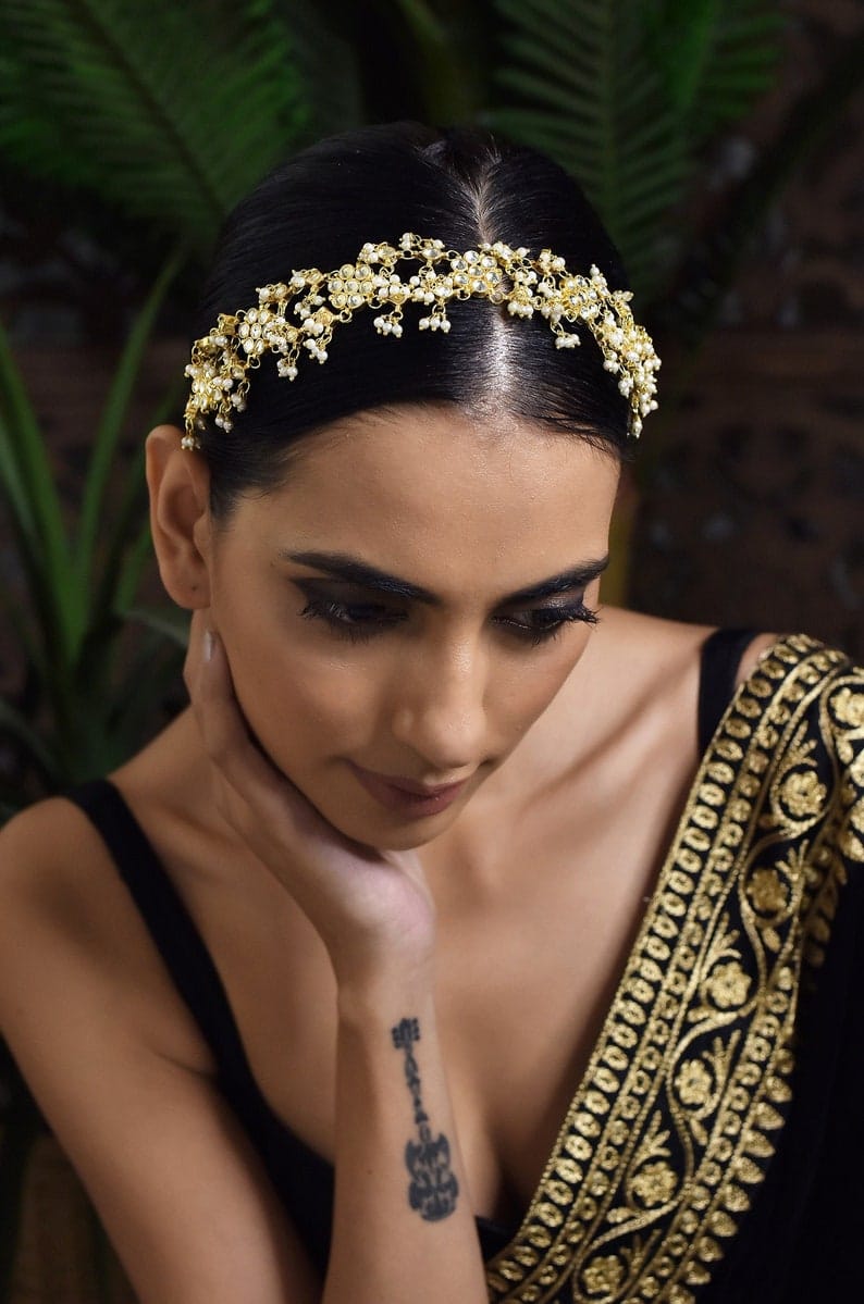 Gold Plated Kundan Headband with Shell Pearls: Indian Hair Accessory - Image 2