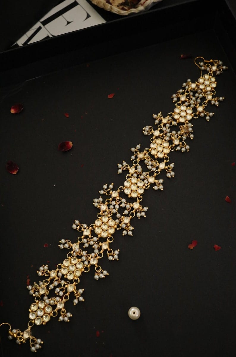 Gold Plated Kundan Headband with Shell Pearls: Indian Hair Accessory - Image 3