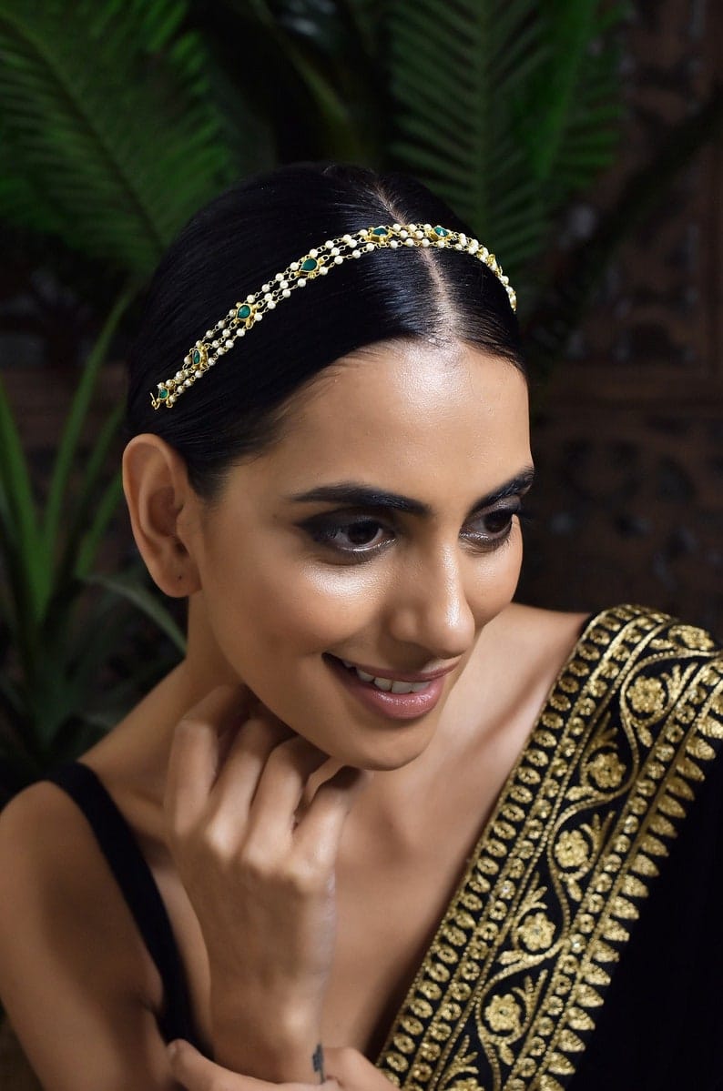 Gold Finish Pearls & Kundan Headband - Image 2
