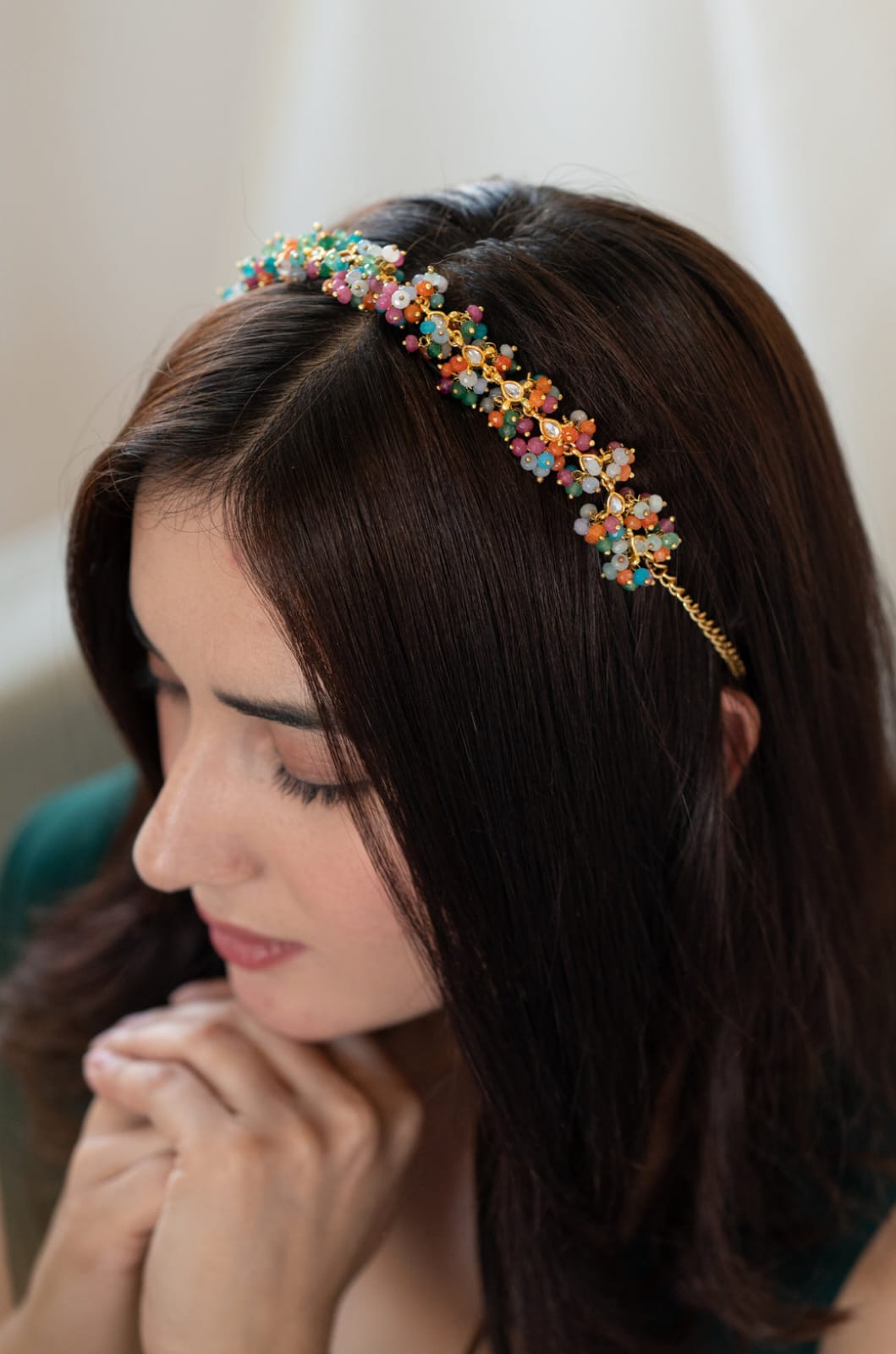 Gold Plated Multi-Colored Onyx & Kundan Headband - Image 5