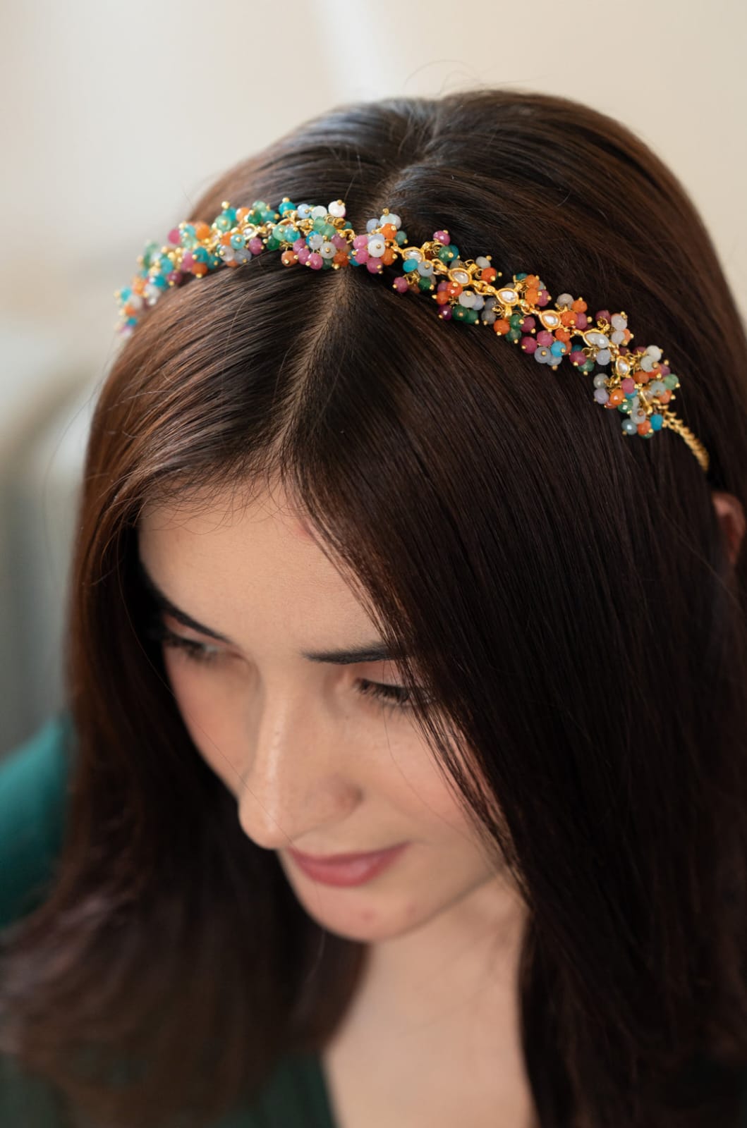 Gold Plated Multi-Colored Onyx & Kundan Headband - Image 3