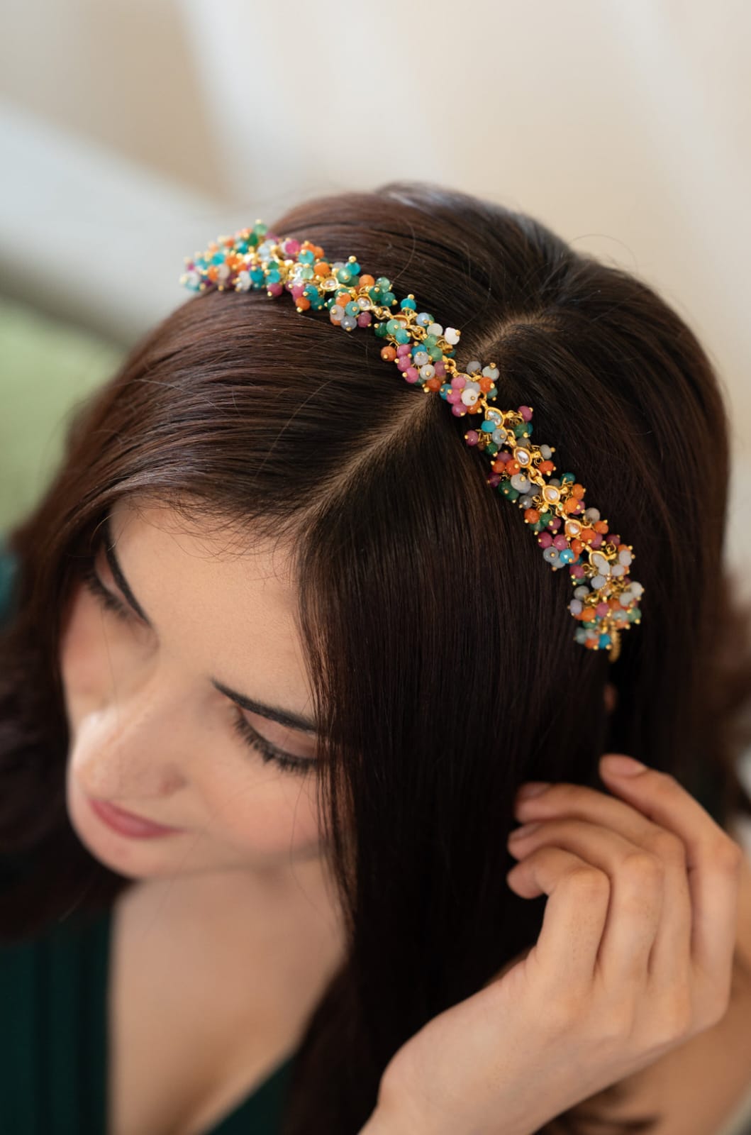 Gold Plated Multi-Colored Onyx & Kundan Headband