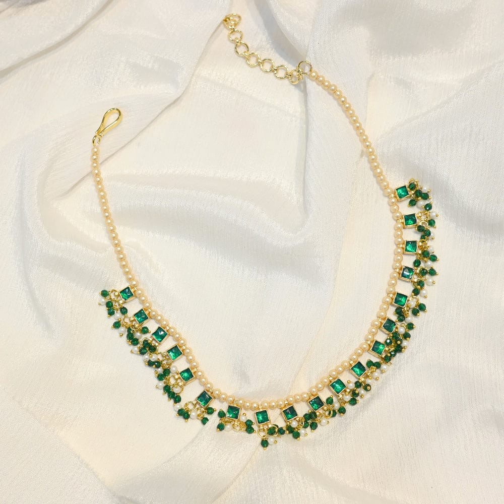 White and Green Colour Gold Plated Jadau Kundan Necklace