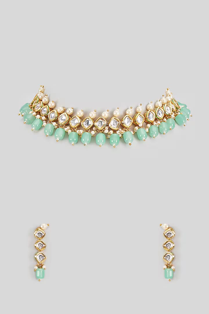 Gold Finish Kundan Polki & Mint Stone Choker Necklace Set