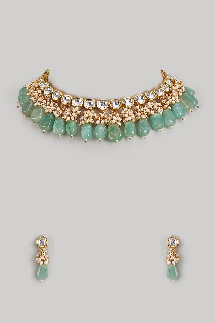 Gold Finish Kundan Polki & Mint Stone Choker Necklace Set