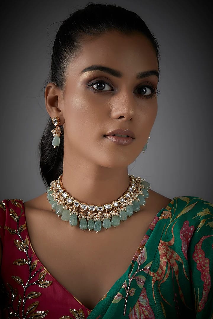 Gold Finish Kundan Polki & Mint Stone Choker Necklace Set - Image 2
