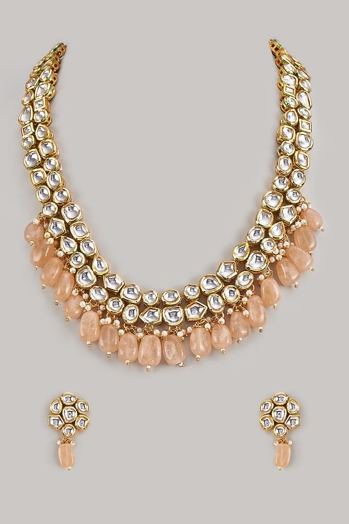 Gold Finish Kundan Polki & Peach Stone Necklace Set