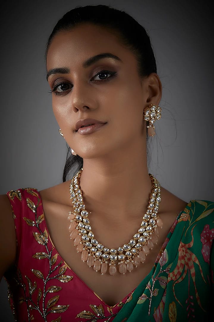 Gold Finish Kundan Polki & Peach Stone Necklace Set - Image 2