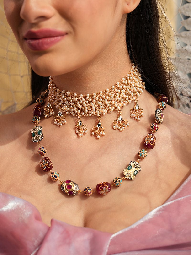 Celestia Red Handpainted Quartz Necklace & Pearl Choker Combo Set - Image 3