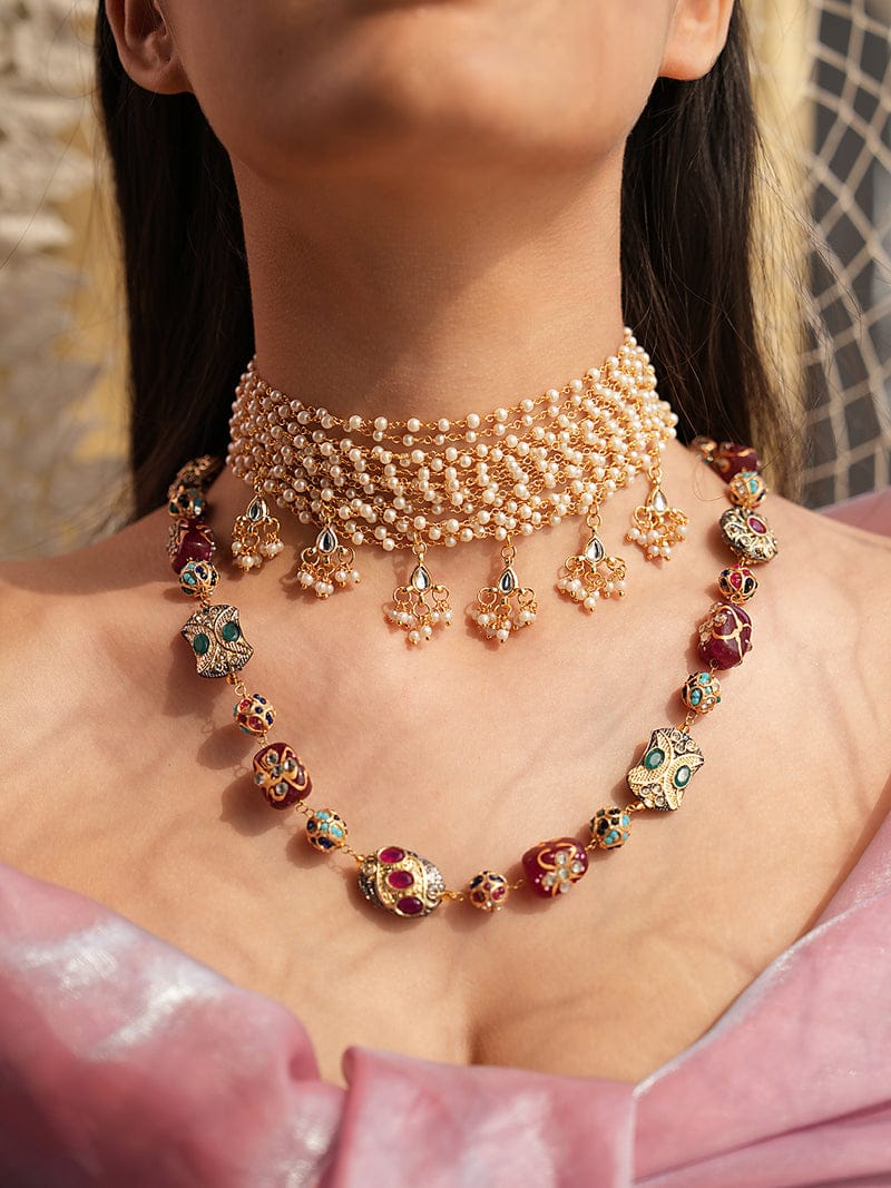 Celestia Red Handpainted Quartz Necklace & Pearl Choker Combo Set - Image 2