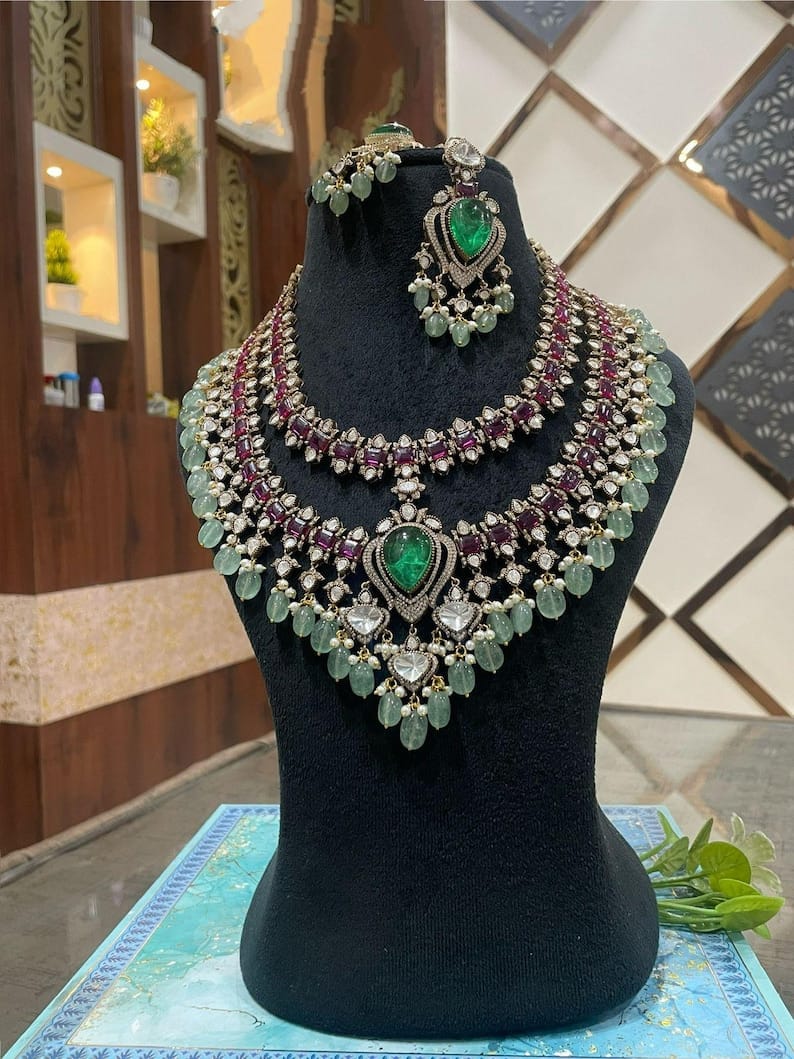 Moissanite Kundan Necklace Set: AD Stones & Mint Pearls, Indian Bridal Jewelry