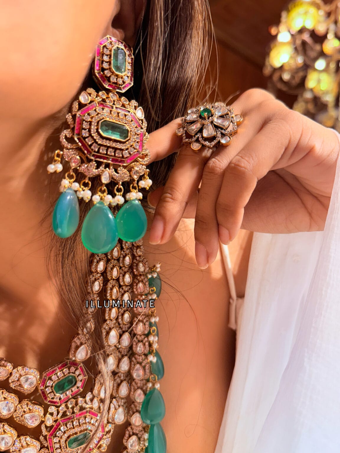 Moissanite Polki Necklace Set: 24K Gold Plated Kundan Bridal Jewelry - Image 3