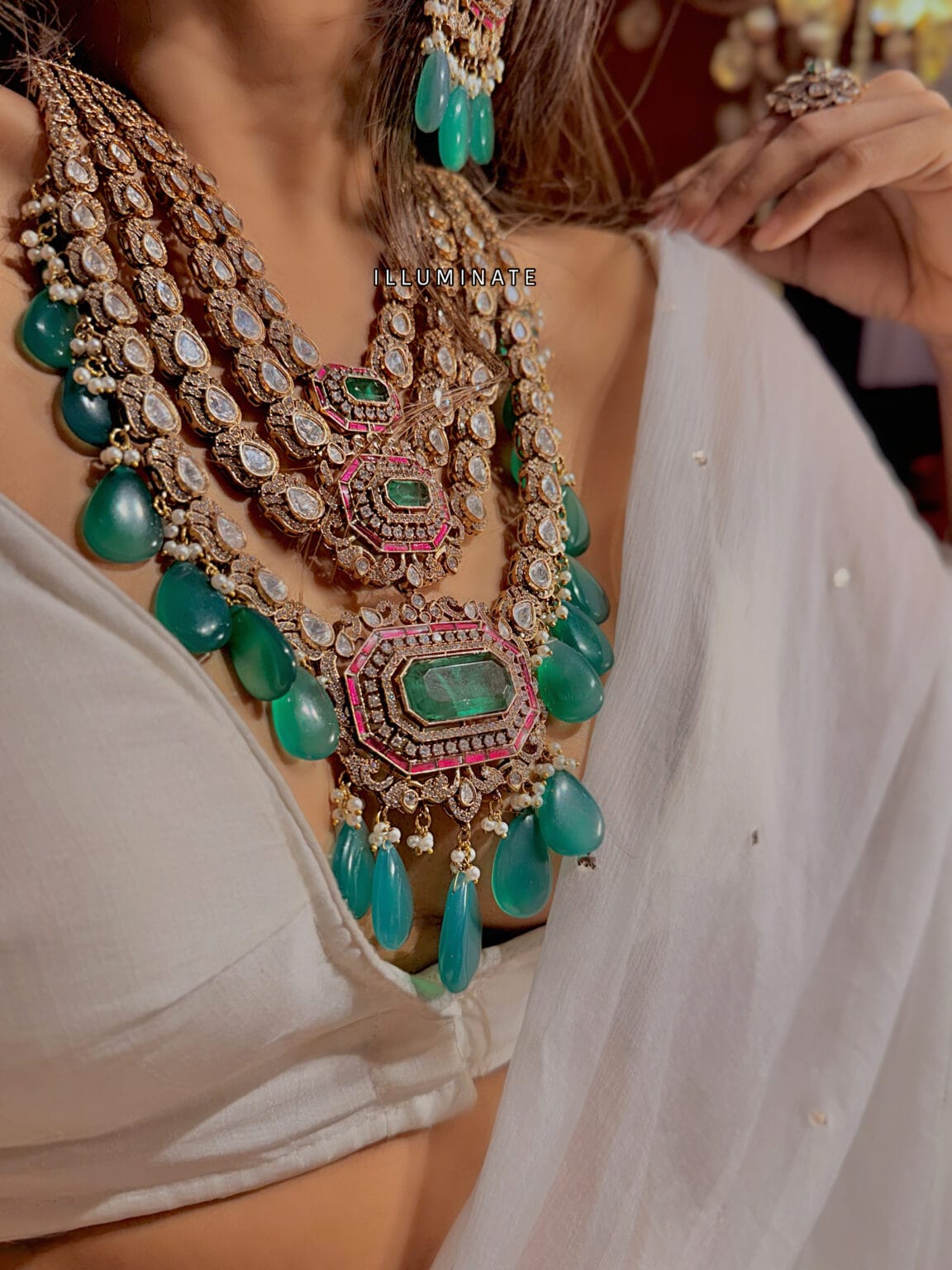 Moissanite Polki Necklace Set: 24K Gold Plated Kundan Bridal Jewelry
