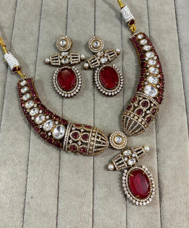 Kundan Moissanite Polki Necklace Set: Gold Finish Indian Wedding Jewelry - Image 4