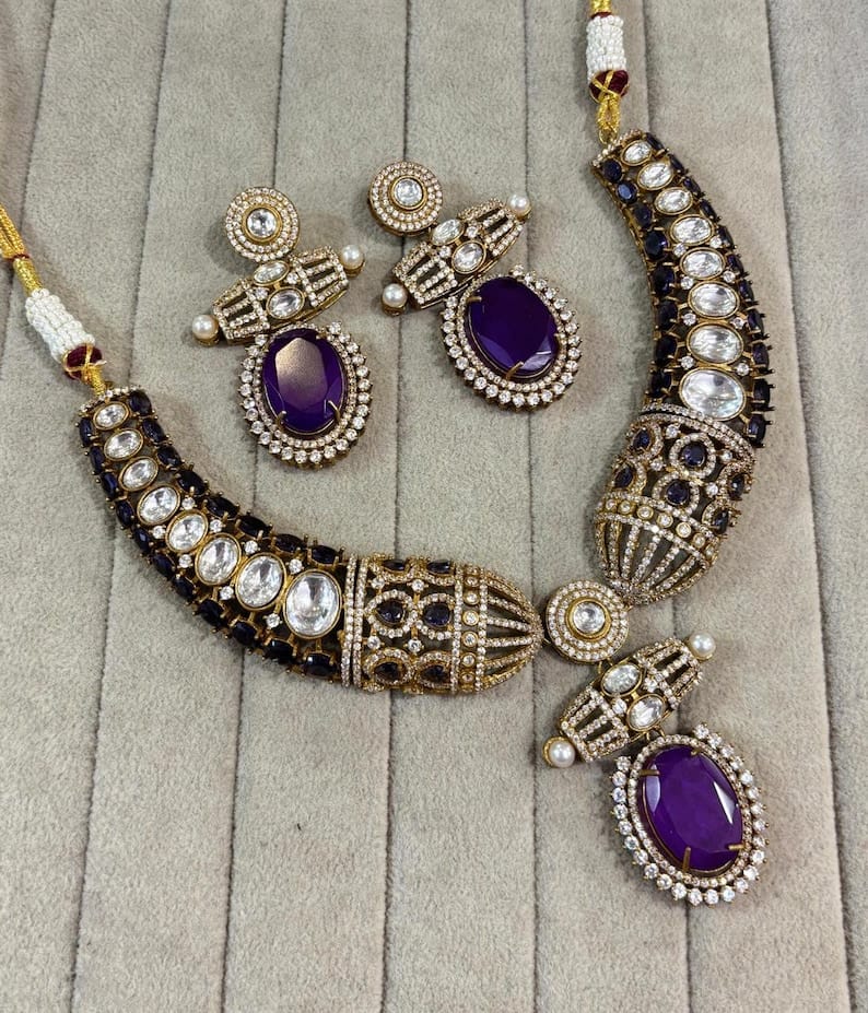 Kundan Moissanite Polki Necklace Set: Gold Finish Indian Wedding Jewelry - Image 2