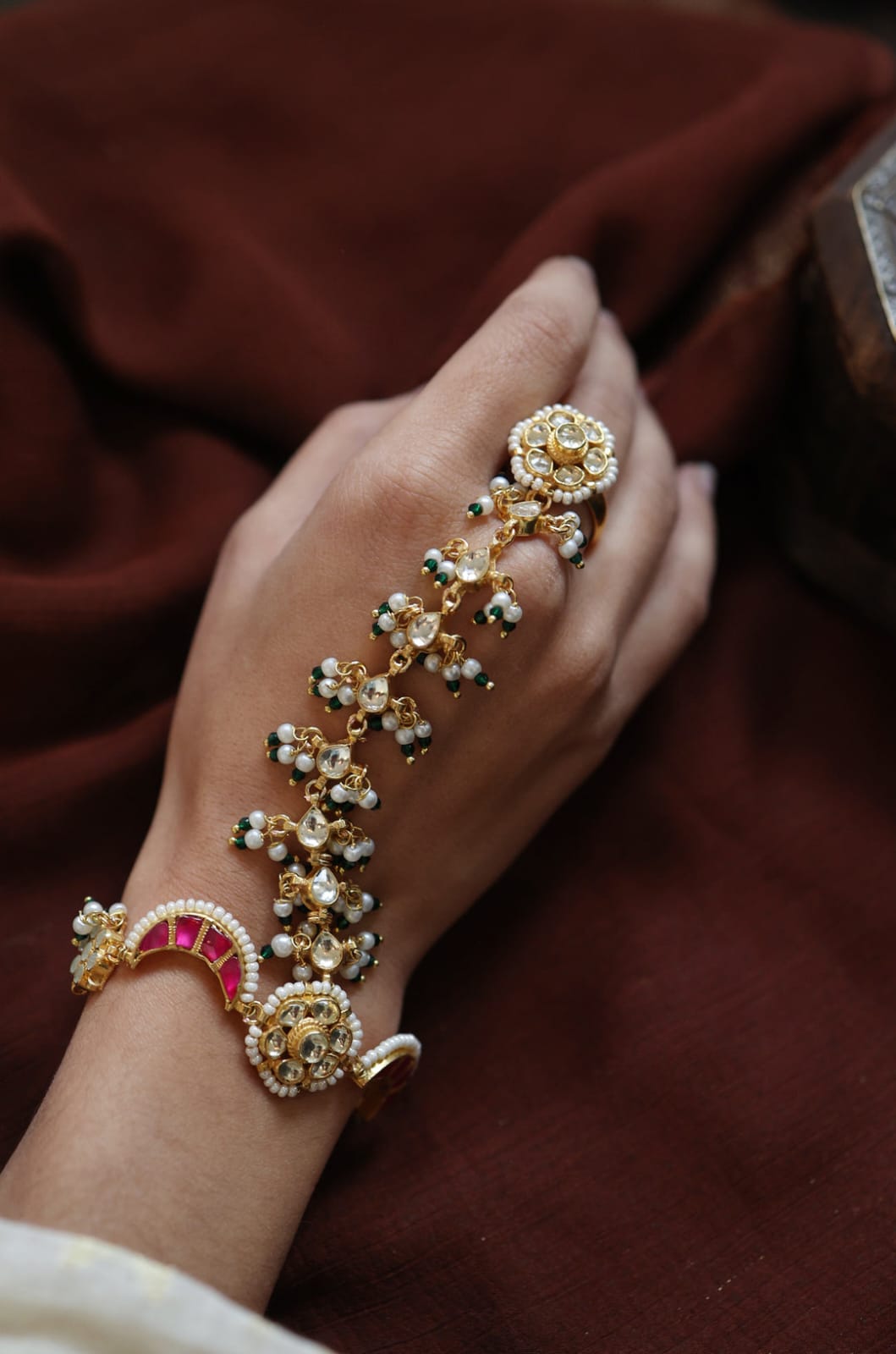 Zhuri Kundan And Pearl Hathphool Bracelet (Pack Of 2) - Image 3