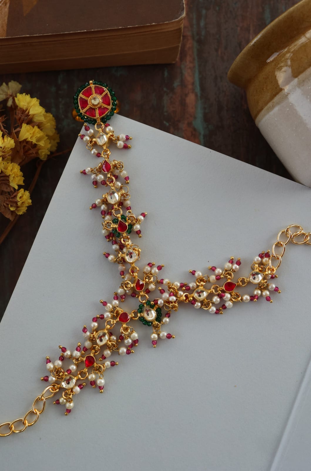 Gold Plated Kundan And Pearl Embellished Haathphool (Pack Of 2)