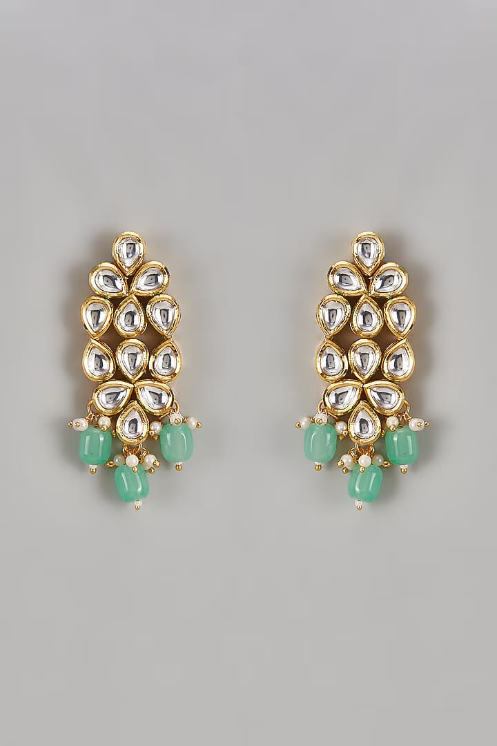 Gold Finish Kundan Polki & Mint Green Stone Dangler Earrings