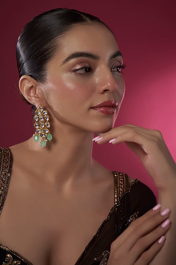 Gold Finish Kundan Polki & Mint Green Stone Dangler Earrings - Image 2