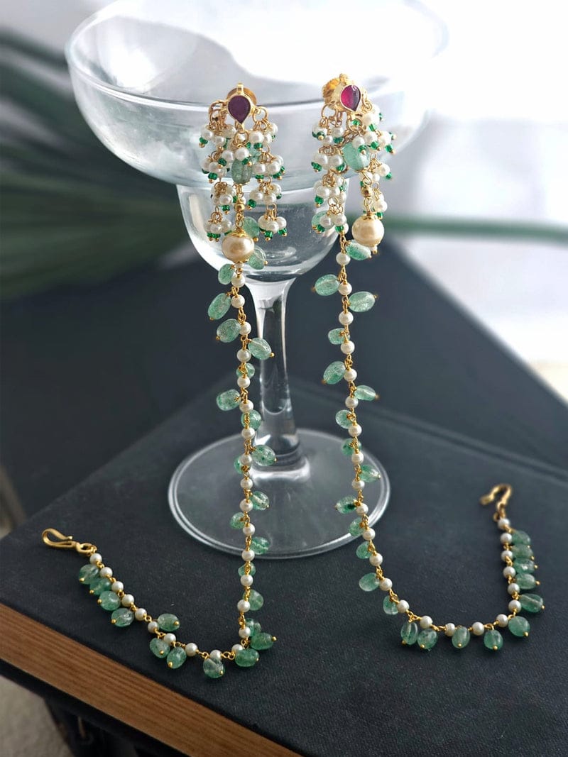 Mint Glow Pachi Kundan Earrings with Ear Chain