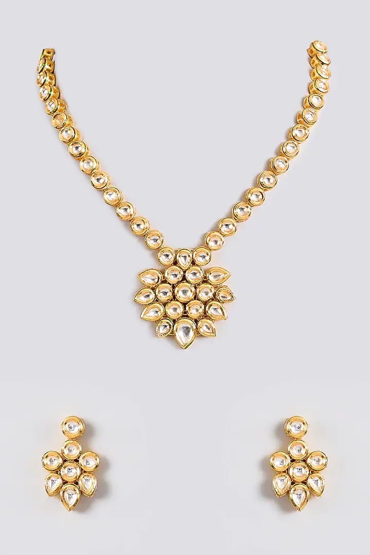 Gold Finish Kundan Polki Handcrafted Necklace Set