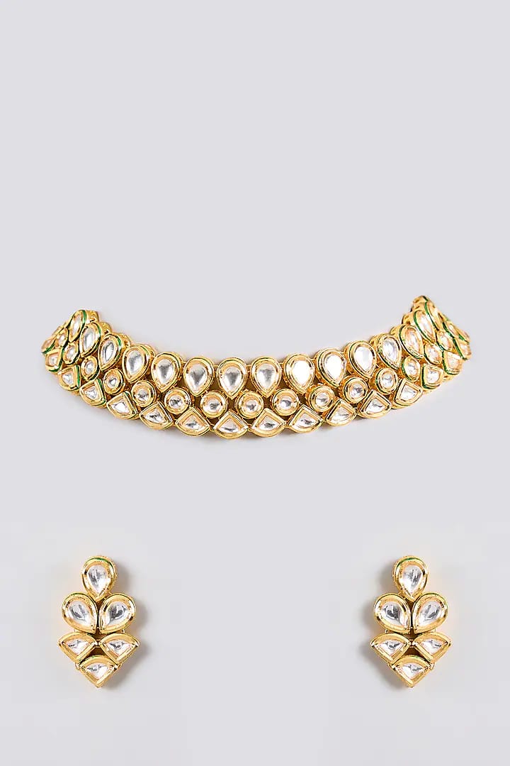 Gold Finish Kundan Polki Handcrafted Necklace Set
