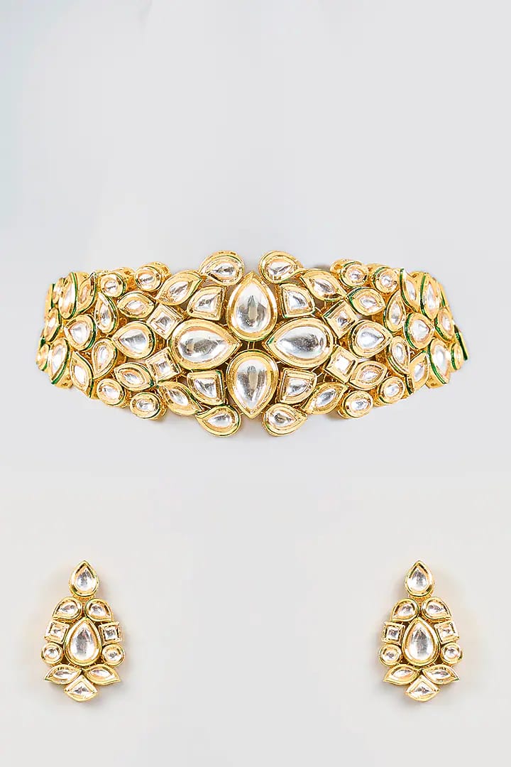 Gold Finish Kundan Polki Handcrafted Necklace Set