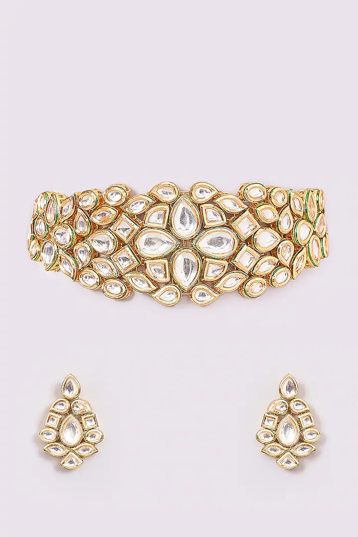 Gold Finish Kundan Polki Handcrafted Necklace Set