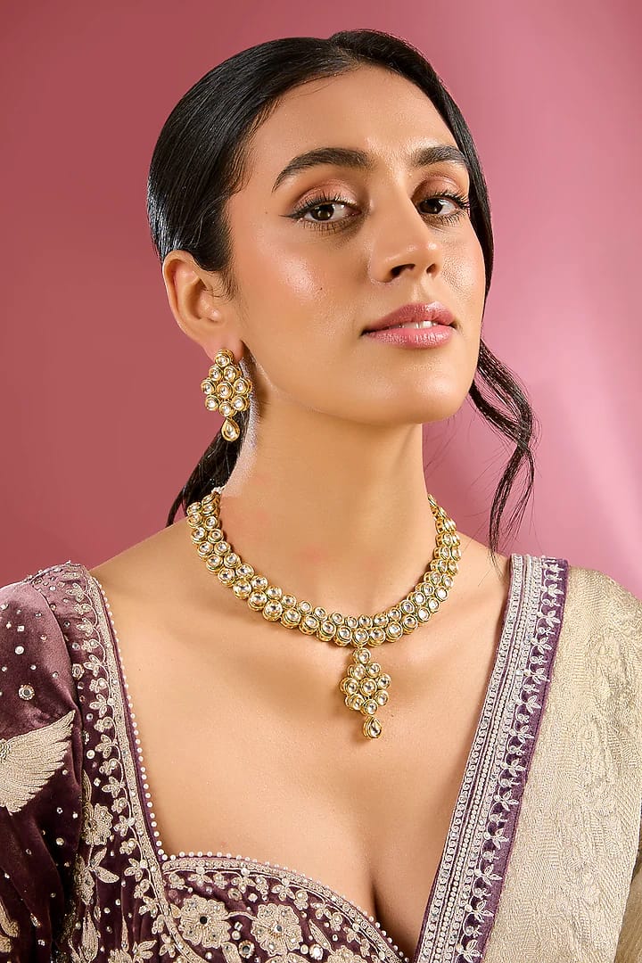 Gold Finish Kundan Polki Handcrafted Necklace Set - Image 2