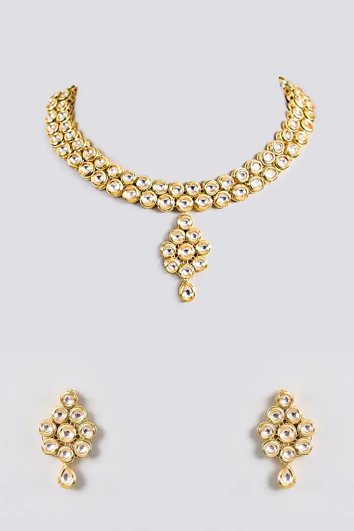 Gold Finish Kundan Polki Handcrafted Necklace Set
