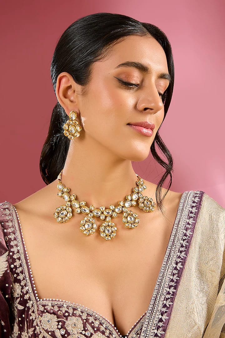 Gold Finish Kundan Polki Handcrafted Necklace Set - Image 2