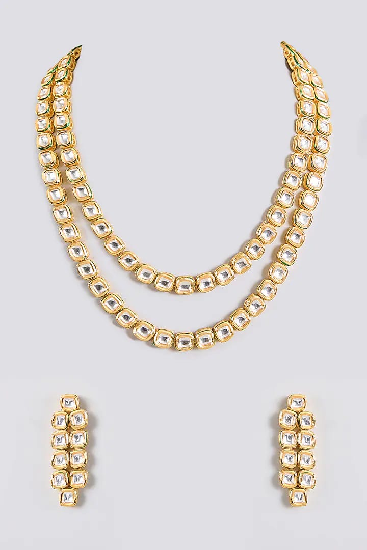Gold Finish Kundan Polki Handcrafted Necklace Set
