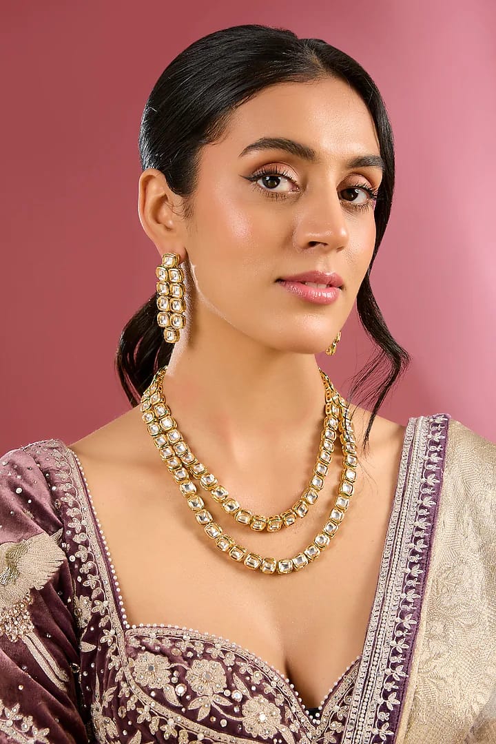 Gold Finish Kundan Polki Handcrafted Necklace Set - Image 2