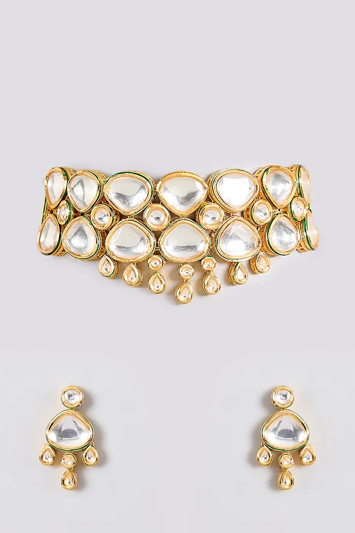 Gold Finish Kundan Polki Handcrafted Necklace Set