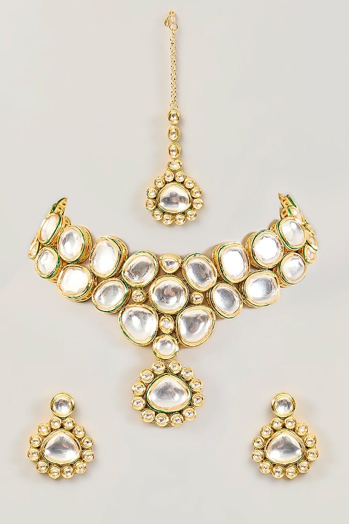 Gold Finish Kundan Polki Handcrafted Necklace Set