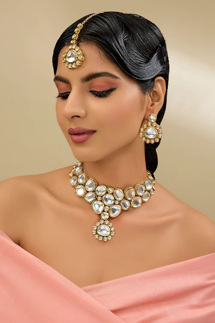 Gold Finish Kundan Polki Handcrafted Necklace Set - Image 2
