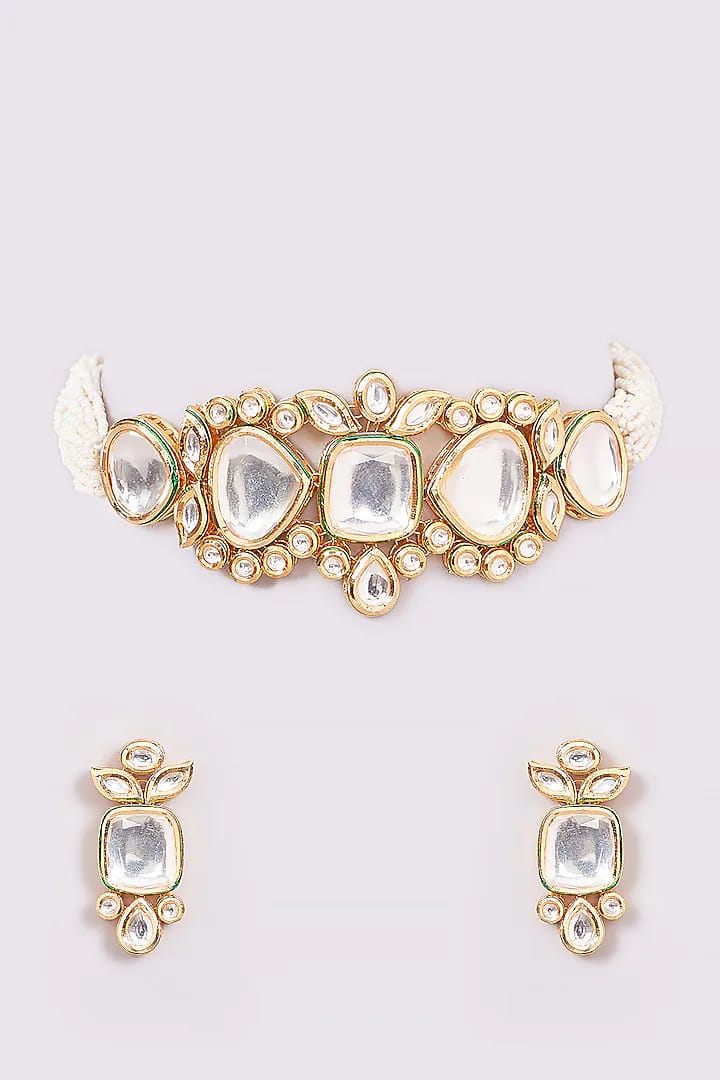 Gold Finish Kundan Polki Handcrafted Necklace Set