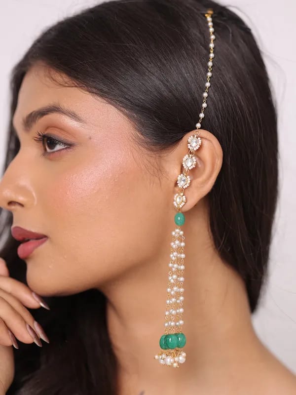 Kundan Studded & Pearls Beaded Spherical Drop Earrings With Ear Chains - Image 3